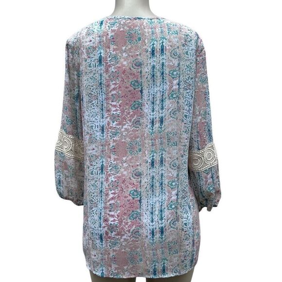 Krazy Kat Tunic Blouse Women's Large Pastel Floral Crochet Lace Trim 3/4 Sleeve - Picture 6 of 14